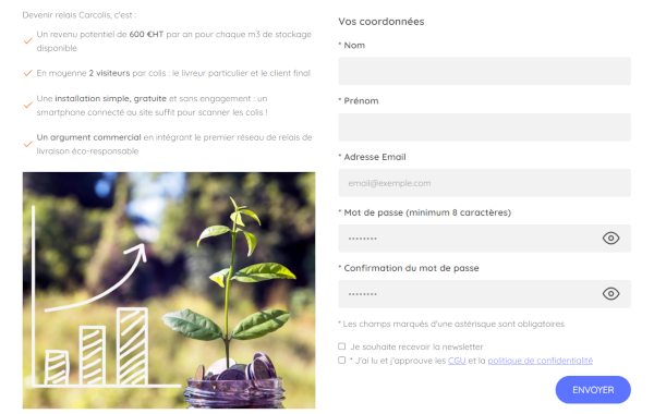 Capture d'écran du formulaire servant à créer un compte utilisateur "Commerçant".