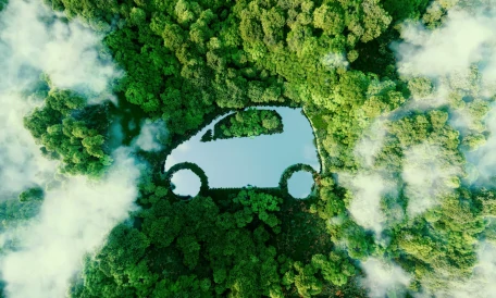Image représentant un lac en forme de voiture vu de dessus et entouré d'une forêt luxuriante.