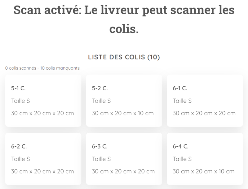 Ecran scan activé Capture d'écran de la page "scan des colis" lorsqu'il est activé par le Relais
